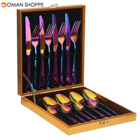 16PCS Cutlery Set Stainless Steel Rainbow Fork Spoon Kitchen Dinnerware Sets With Storage Box