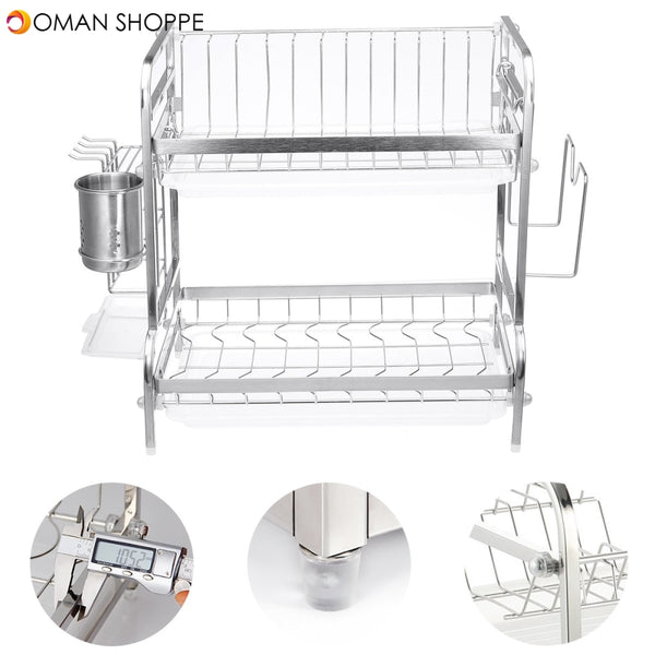 2 Tier Stainless Steel Drain Dish Rack Tableware Cutlery Drain Rack Kitchen Shelf Rack