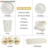 300Pcs Disposable Paper Dinner Dessert Plates Cups Napkins Balloons Straws Set