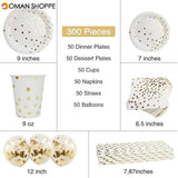 300Pcs Disposable Paper Dinner Dessert Plates Cups Napkins Balloons Straws Set