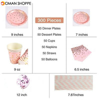 300Pcs Disposable Paper Dinner Dessert Plates Cups Napkins Balloons Straws Set