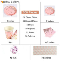 300Pcs Disposable Paper Dinner Dessert Plates Cups Napkins Balloons Straws Set