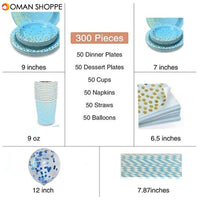 300Pcs Disposable Paper Dinner Dessert Plates Cups Napkins Balloons Straws Set