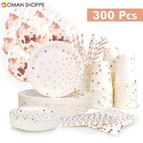 300Pcs Disposable Paper Dinner Dessert Plates Cups Napkins Balloons Straws Set