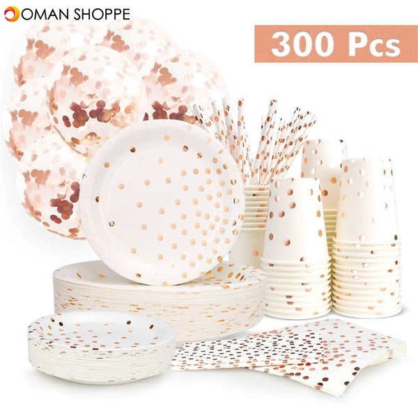 300Pcs Disposable Paper Dinner Dessert Plates Cups Napkins Balloons Straws Set