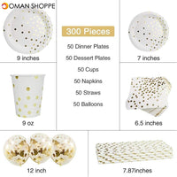 300Pcs Disposable Paper Dinner Dessert Plates Cups Napkins Balloons Straws Set