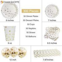 300Pcs Disposable Paper Dinner Dessert Plates Cups Napkins Balloons Straws Set