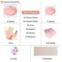 300Pcs Disposable Paper Dinner Dessert Plates Cups Napkins Balloons Straws Set