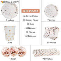 300Pcs Disposable Paper Dinner Dessert Plates Cups Napkins Balloons Straws Set