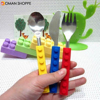 3PCS Creative Building Blocks Dinnerware Portable Block Fork Spoon Flatware Tableware