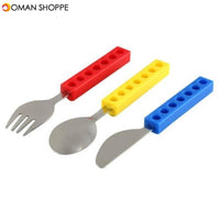 3PCS Creative Building Blocks Dinnerware Portable Block Fork Spoon Flatware Tableware