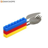 3PCS Creative Building Blocks Dinnerware Portable Block Fork Spoon Flatware Tableware