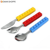 3PCS Creative Building Blocks Dinnerware Portable Block Fork Spoon Flatware Tableware