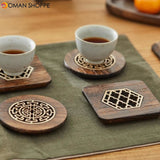 4-piece Set Solid Wood Coasters Square and Round Desktop Heat-resistant Mat High-quality Carved Cup Pads Tea Cup Holder Bowl Mat