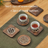 4-piece Set Solid Wood Coasters Square and Round Desktop Heat-resistant Mat High-quality Carved Cup Pads Tea Cup Holder Bowl Mat