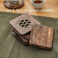 4-piece Set Solid Wood Coasters Square and Round Desktop Heat-resistant Mat High-quality Carved Cup Pads Tea Cup Holder Bowl Mat