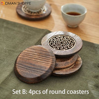 4-piece Set Solid Wood Coasters Square and Round Desktop Heat-resistant Mat High-quality Carved Cup Pads Tea Cup Holder Bowl Mat