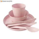 4pcs Pink Kitchen Wheat Straw Tableware Reusable Household Dishware Kids Adult Spoon Fork Cup Salad Soup Bowl Plate