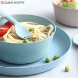 4pcs Portable Reusable Household Dishware Set Kids Adult Spoon Fork Cup Salad Soup Bowl Plate Wheat Straw Kitchen Tableware Set