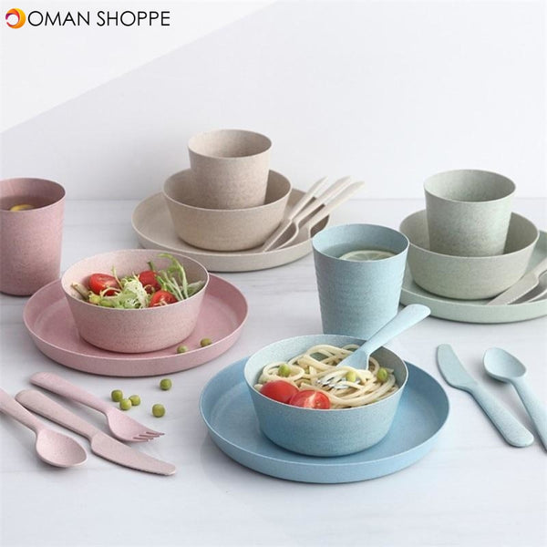 4pcs Portable Reusable Household Dishware Set Kids Adult Spoon Fork Cup Salad Soup Bowl Plate Wheat Straw Kitchen Tableware Set