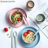 4pcs Portable Reusable Household Dishware Set Kids Adult Spoon Fork Cup Salad Soup Bowl Plate Wheat Straw Kitchen Tableware Set