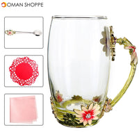 4Pcs/Set Enamel Glass Rose Flower Tea Cup Set Spoon Coffee Cup Kit Wedding Gift