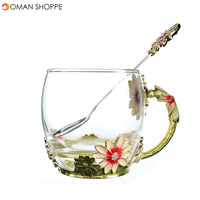 4Pcs/Set Enamel Glass Rose Flower Tea Cup Set Spoon Coffee Cup Kit Wedding Gift