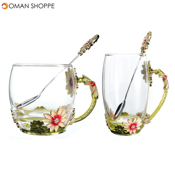 4Pcs/Set Enamel Glass Rose Flower Tea Cup Set Spoon Coffee Cup Kit Wedding Gift