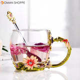 4Pcs/Set Enamel Glass Rose Flower Tea Cup Set Spoon Coffee Cup Kit Wedding Gift