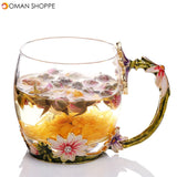 4Pcs/Set Enamel Glass Rose Flower Tea Cup Set Spoon Coffee Cup Kit Wedding Gift