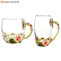 4Pcs/Set Enamel Glass Rose Flower Tea Cup Set Spoon Coffee Cup Kit Wedding Gift