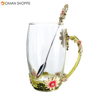 4Pcs/Set Enamel Glass Rose Flower Tea Cup Set Spoon Coffee Cup Kit Wedding Gift