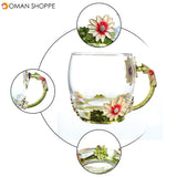 4Pcs/Set Enamel Glass Rose Flower Tea Cup Set Spoon Coffee Cup Kit Wedding Gift