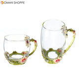 4Pcs/Set Enamel Glass Rose Flower Tea Cup Set Spoon Coffee Cup Kit Wedding Gift