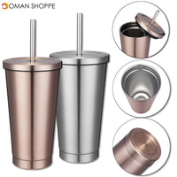 500ml Stainless Steel Mug Portable Home And Office Tumbler Coffee Ice Cup With Drinking Straw