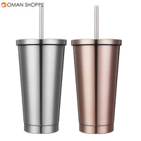 500ml Stainless Steel Mug Portable Home And Office Tumbler Coffee Ice Cup With Drinking Straw