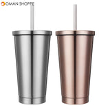 500ml Stainless Steel Mug Portable Home And Office Tumbler Coffee Ice Cup With Drinking Straw