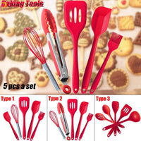 5Pcs/ Set Food-grade Silicone Non-scratch Cooking Slotted Turner Spoon Soup Ladle Spaghetti Server Scrapers Whisk Food Tongs Kitchen Utensils