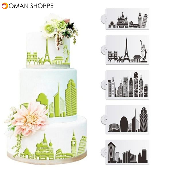 5Pcs/Set Plastic Civic Architecture Stencils Fondant Cake Mold Cookie Baking Mould Decorating Tool