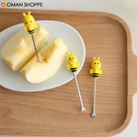 6 Pcs Silicone Bee Fruit Forks Mini Cartoon Animal Stainless Steel Salad Dessert Picks Tableware With Ceramics Pot  Table Decoration Tools for Party and Kitchen