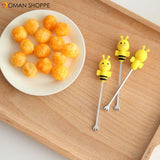 6 Pcs Silicone Bee Fruit Forks Mini Cartoon Animal Stainless Steel Salad Dessert Picks Tableware With Ceramics Pot  Table Decoration Tools for Party and Kitchen