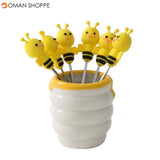 6 Pcs Silicone Bee Fruit Forks Mini Cartoon Animal Stainless Steel Salad Dessert Picks Tableware With Ceramics Pot  Table Decoration Tools for Party and Kitchen