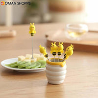 6 Pcs Silicone Bee Fruit Forks Mini Cartoon Animal Stainless Steel Salad Dessert Picks Tableware With Ceramics Pot  Table Decoration Tools for Party and Kitchen