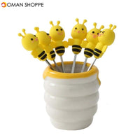 6 Pcs Silicone Bee Fruit Forks Mini Cartoon Animal Stainless Steel Salad Dessert Picks Tableware With Ceramics Pot  Table Decoration Tools for Party and Kitchen