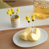 6 Pcs Silicone Bee Fruit Forks Mini Cartoon Animal Stainless Steel Salad Dessert Picks Tableware With Ceramics Pot  Table Decoration Tools for Party and Kitchen