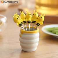 6 Pcs Silicone Bee Fruit Forks Mini Cartoon Animal Stainless Steel Salad Dessert Picks Tableware With Ceramics Pot  Table Decoration Tools for Party and Kitchen