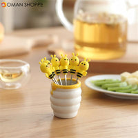 6 Pcs Silicone Bee Fruit Forks Mini Cartoon Animal Stainless Steel Salad Dessert Picks Tableware With Ceramics Pot  Table Decoration Tools for Party and Kitchen