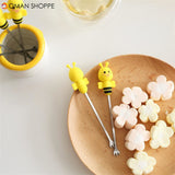 6 Pcs Silicone Bee Fruit Forks Mini Cartoon Animal Stainless Steel Salad Dessert Picks Tableware With Ceramics Pot  Table Decoration Tools for Party and Kitchen