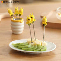 6 Pcs Silicone Bee Fruit Forks Mini Cartoon Animal Stainless Steel Salad Dessert Picks Tableware With Ceramics Pot  Table Decoration Tools for Party and Kitchen