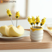 6 Pcs Silicone Bee Fruit Forks Mini Cartoon Animal Stainless Steel Salad Dessert Picks Tableware With Ceramics Pot  Table Decoration Tools for Party and Kitchen